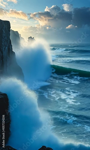 Majestic Waves Crashing Against Rock Cliffs