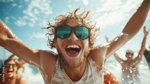 A cheerful man wearing sunglasses is captured mid-motion, gleefully participating in a water amusement activity, surrounded by friends and sunshine, portraying high energy.