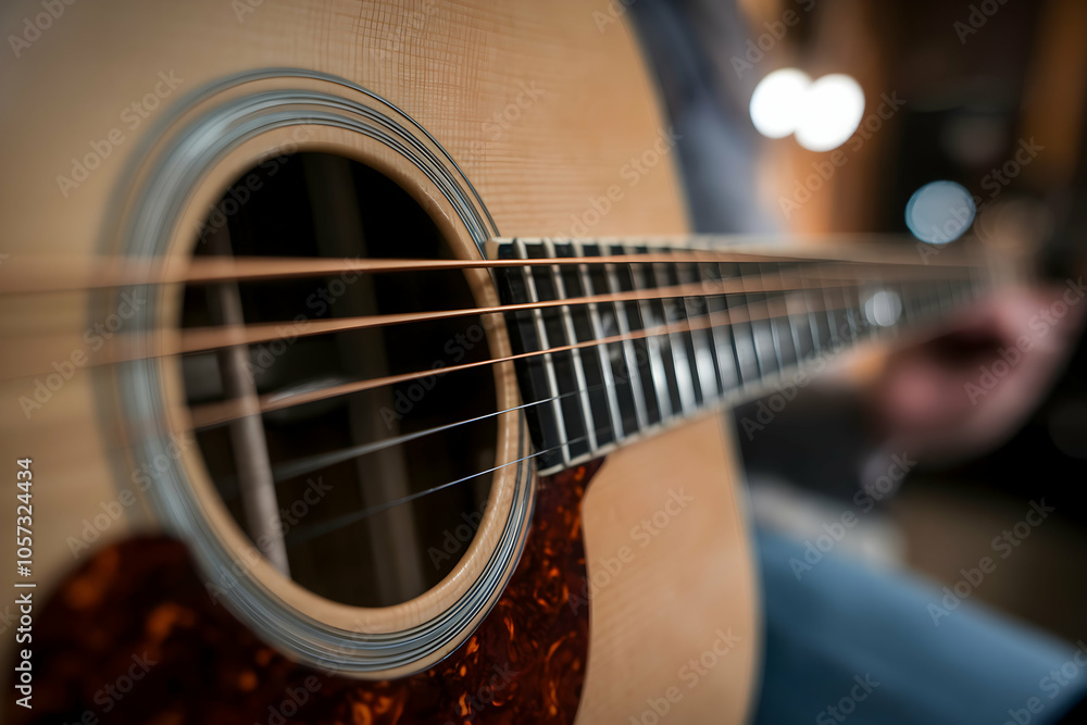 Acoustic guitar closeup, sound hole detail with blurred background Acoustic guitar closeup, sound hole detail with blurred background