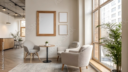 Cozy corner with empty frames and chairs in modern interior with natural light. photo