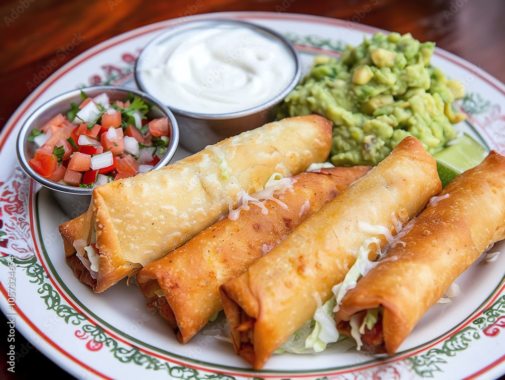 Flautas beautifully plated on a colorful ceramic dish, surrounded by traditional Mexican decor such as woven textiles and vibrant colors Flautas beautifully plated on a colorful ceramic dish, surrounded by traditional Mexican decor such as woven textiles and vibrant colors