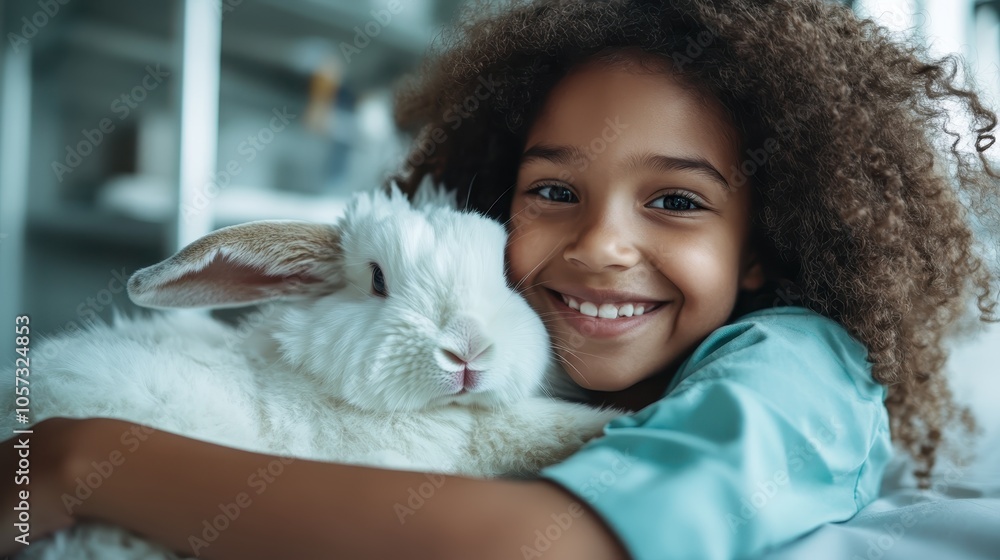 A delighted girl with a wide smile holds close to her fluffy white rabbit, capturing a moment of pure joy and bliss in a serene and friendly environment. A delighted girl with a wide smile holds close to her fluffy white rabbit, capturing a moment of pure joy and bliss in a serene and friendly environment.
