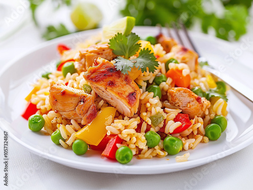 Arroz con Pollo served on a traditional colorful ceramic plate, garnished with fresh herbs and served alongside avocado slices