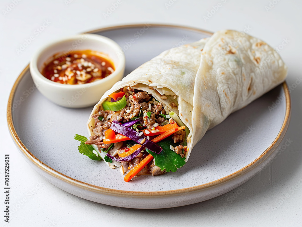 A single assembled Ssam is centered on a plain plate with a small bowl of ssamjang next to it A single assembled Ssam is centered on a plain plate with a small bowl of ssamjang next to it