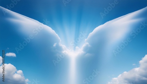 White wings of light - wings shape cloud providing a blue white calming blue background abstract