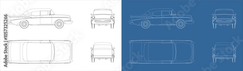 antique car vector blueprint line technical drawing isolated on the white background. 