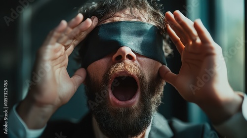 Bearded man with eyes covered by a black cloth expresses intense surprise or shock, holding his hands near his face in a moment of theatrical suspense. photo