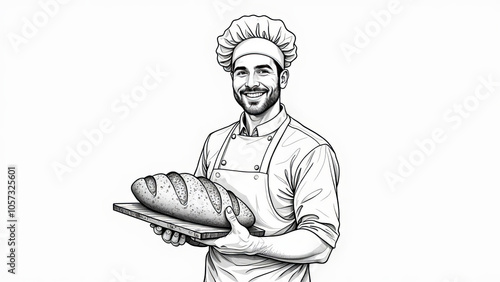Smiling man baker in uniform, big fresh baked bread in hands, white baker cap, copy space.
