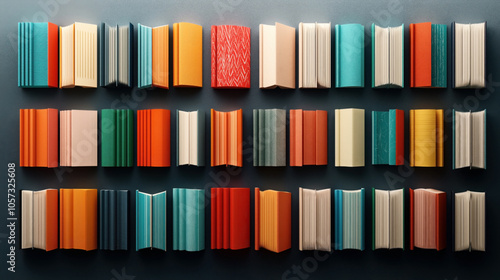 Colorful array of open and closed books with varied textured covers on a dark surface, showcasing diverse patterns and vibrant shades of red, orange, blue, and green.