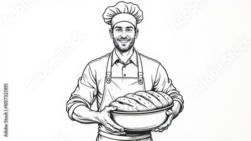 Smiling man baker in uniform, big fresh baked bread in hands, white baker cap, copy space.