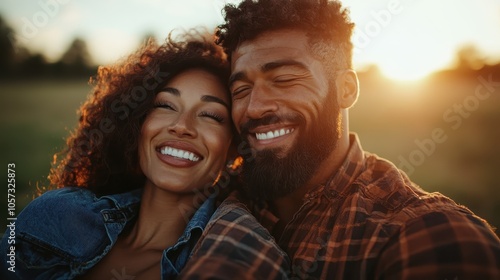 In a serene outdoor setting, a couple embraces and shares a joyful moment under a golden sunset, capturing the essence of love, happiness, and tranquility.