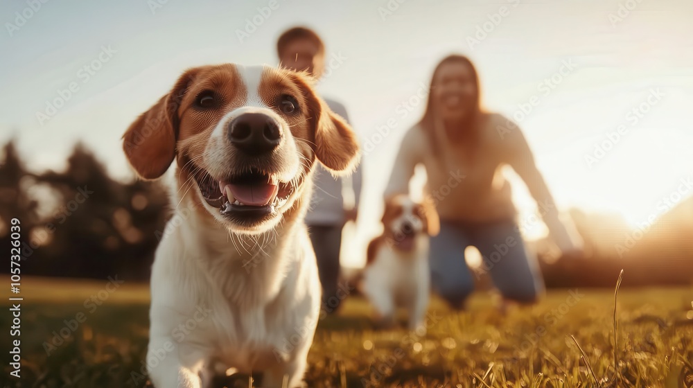 Two happy dogs play in a sunlit field, as a family enjoys the moment together, illustrating the joy and companionship between humans and their pets. Two happy dogs play in a sunlit field, as a family enjoys the moment together, illustrating the joy and companionship between humans and their pets.