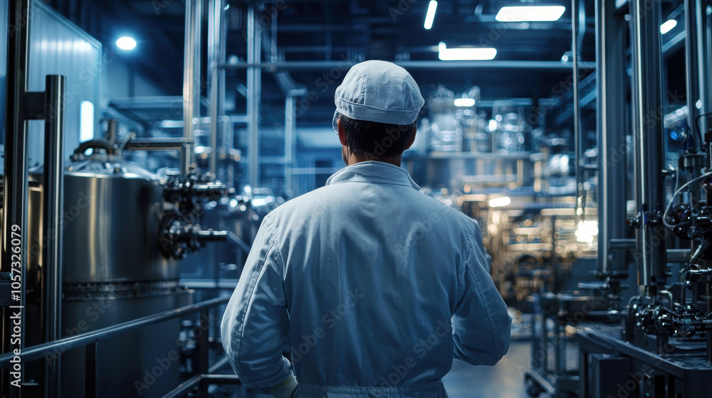 Worker in Industrial Facility Wearing White Coat Worker in Industrial Facility Wearing White Coat