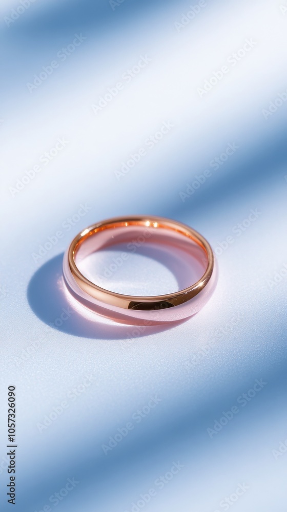 A minimalist rose gold ring is elegantly photographed against a soft blue background, highlighting its smooth surface and shine, Perfect for jewelry marketing, blogs, or lifestyle imagery, A minimalist rose gold ring is elegantly photographed against a soft blue background, highlighting its smooth surface and shine, Perfect for jewelry marketing, blogs, or lifestyle imagery,