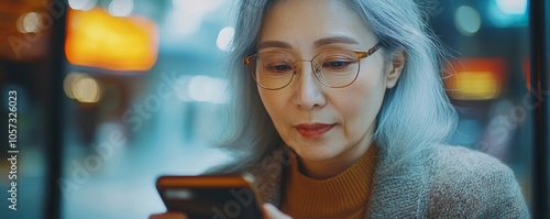 Mature asian woman have eyesight focus problem during reading text in mobile phone, Generative AI