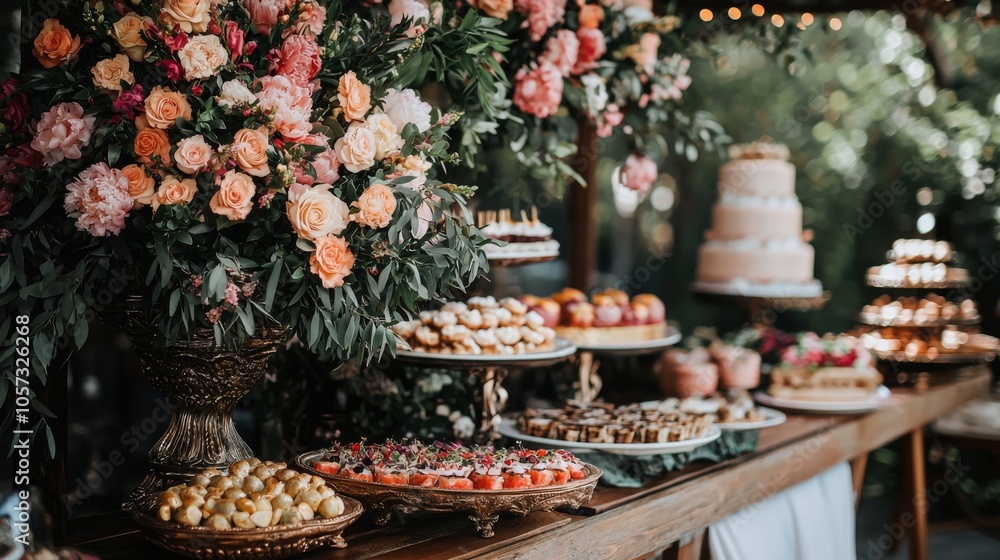 Fototapeta premium Capture a luxurious wedding buffet with beautiful floral decorations and gourmet platters