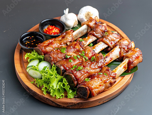 Jokbal on a rustic wooden serving platter with fresh vegetables like lettuce and garlic cloves photo