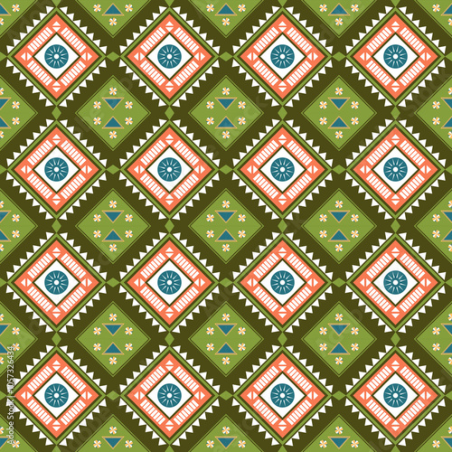 symmetrical geometric pattern featuring diamond shapes. Each diamond encloses a central blue circular motif, framed by red and white elements.