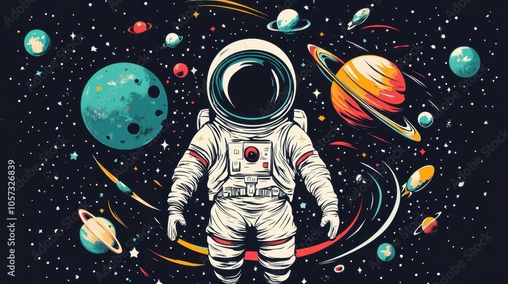 Fototapeta premium A vibrant flat design illustration of an astronaut insignia, showcasing a unique space mission patch with symbolic elements representing exploration and adventure.