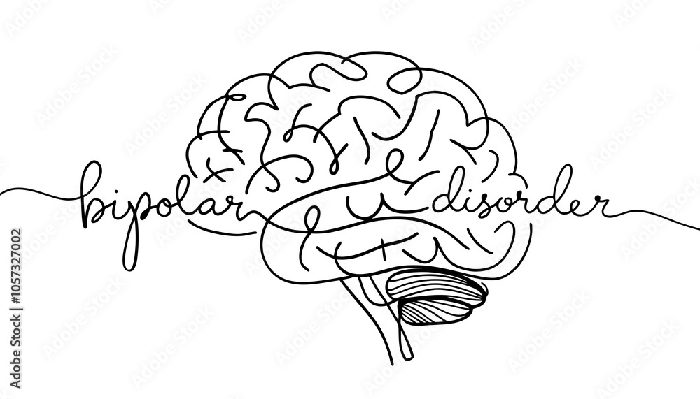 Brain illustration with elegant script text about bipolar disorder on white background Brain illustration with elegant script text about bipolar disorder on white background