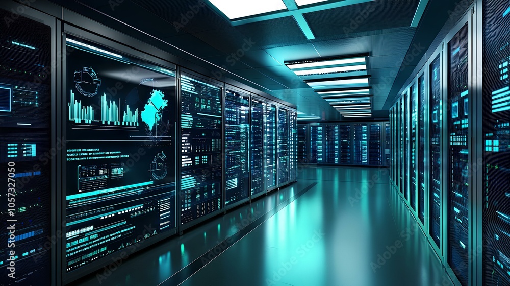 A futuristic server room illuminated in blue hues, showcasing rows of high-tech servers and digital displays, representing advanced data storage and processing. A futuristic server room illuminated in blue hues, showcasing rows of high-tech servers and digital displays, representing advanced data storage and processing.