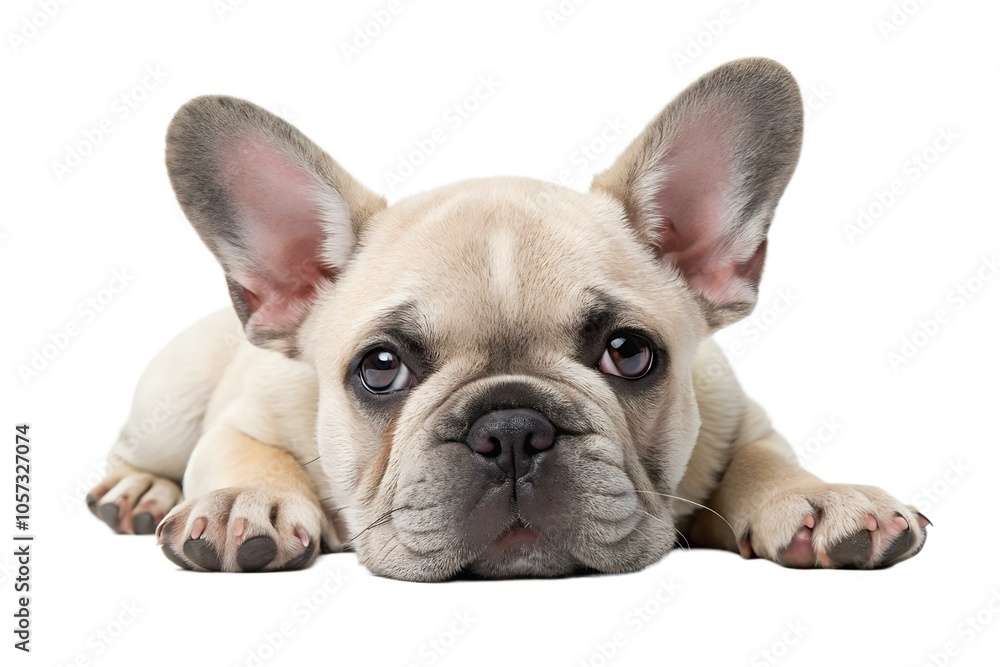 Adorable Fluffy French Bulldog Puppy Lying on a White Background