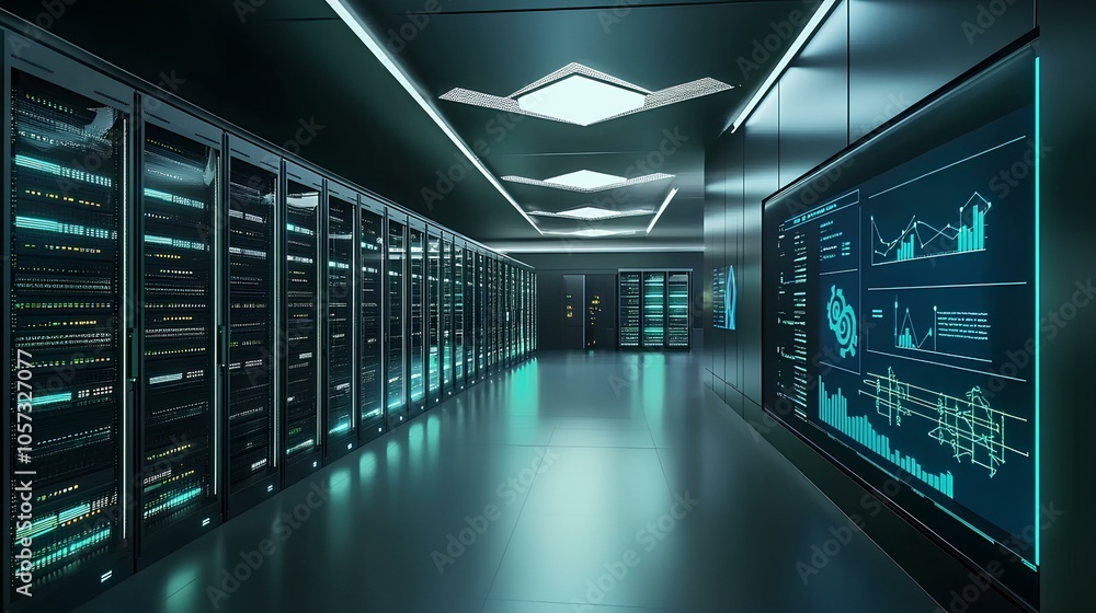 A high-tech data center featuring rows of servers and digital displays, illuminated with blue lighting, showcasing advanced technology. A high-tech data center featuring rows of servers and digital displays, illuminated with blue lighting, showcasing advanced technology.