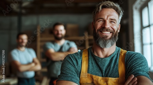 A smiling carpenter stands confidently in a workshop, surrounded by two fellow craftsmen, emanating teamwork and expertise in woodworking.