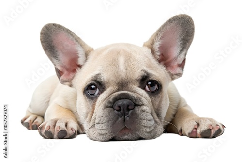 Adorable Fluffy French Bulldog Puppy Lying on a White Background