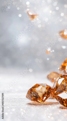 A close-up of sparkling orange diamonds set against a soft, blurred background with shimmering light, suitable for promoting luxury products, jewelry catalogs, or elegant marketing materials, photo