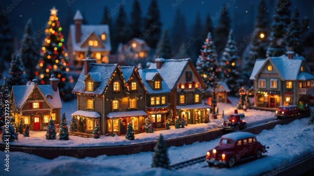 Obraz premium Charming miniature Christmas village with tiny houses, glowing lights, and snowy rooftops, creating a cozy and festive holiday scene