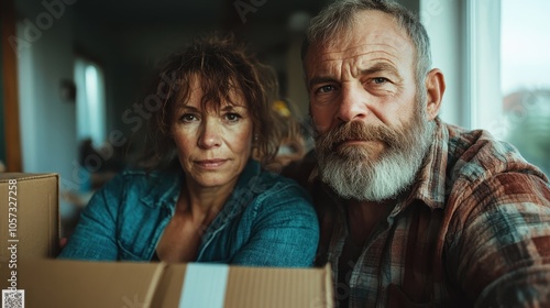 A mature couple sitting with moving boxes, reflecting on a new chapter in life, encapsulating themes of transition, change, and shared experience.