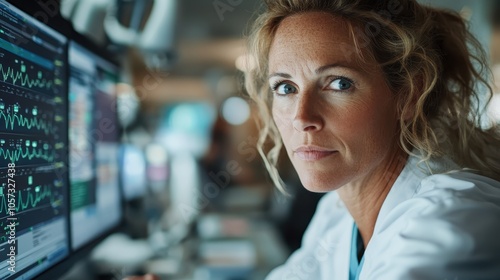 A focused female doctor analyzes medical data on computer screens in a hospital, representing precision, dedication, and the integration of technology in healthcare. photo