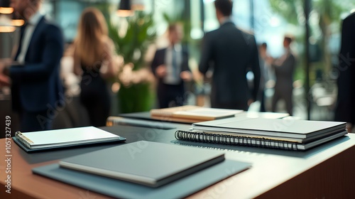 An indoor networking event featuring professionals discussing ideas, with notebooks prominently displayed on a table in the foreground.