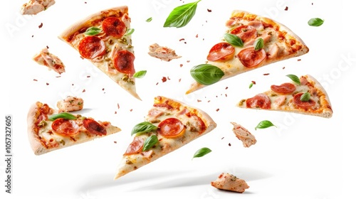 Floating Italian style pizza slices with pepperoni, chicken, melted cheese, and basil leaves on a white background.