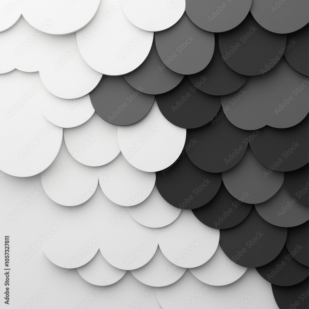 Fototapeta premium A sophisticated pattern of overlapping black, white, and gray circular shapes creates a dynamic visual effect, Ideal for backgrounds, branding, or modern art projects,