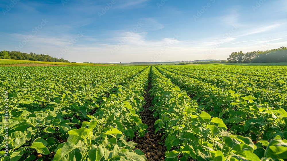 A vibrant, green agricultural field stretches under a clear blue sky, showcasing rows of crops thriving in a sunny landscape. A vibrant, green agricultural field stretches under a clear blue sky, showcasing rows of crops thriving in a sunny landscape.