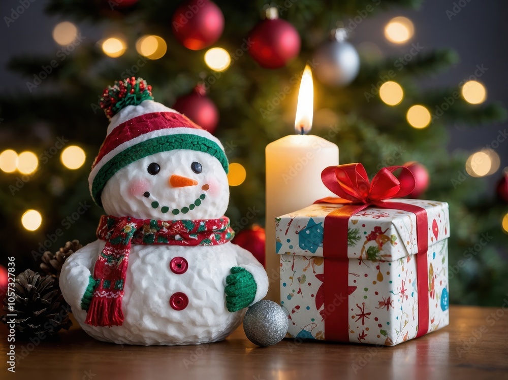 A charming snowman figurine set against a Christmas tree background, surrounded by twinkling lights and ornaments, bringing holiday joy and warmth A charming snowman figurine set against a Christmas tree background, surrounded by twinkling lights and ornaments, bringing holiday joy and warmth