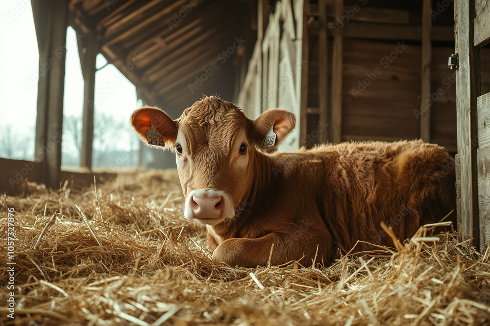 Fototapeta premium calf lying in straw inside dairy farm in the barn