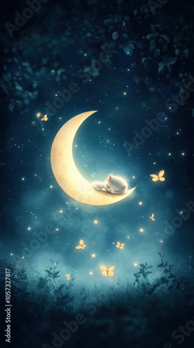 A peaceful scene depicting a sleeping kitten curled up on a crescent moon amidst twinkling stars and glowing butterflies, Ideal for children's book illustrations, dream-themed designs