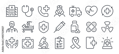Hospital and medical health care editable stroke outline icons set isolated on white background flat vector illustration. Pixel perfect. 64 x 64.