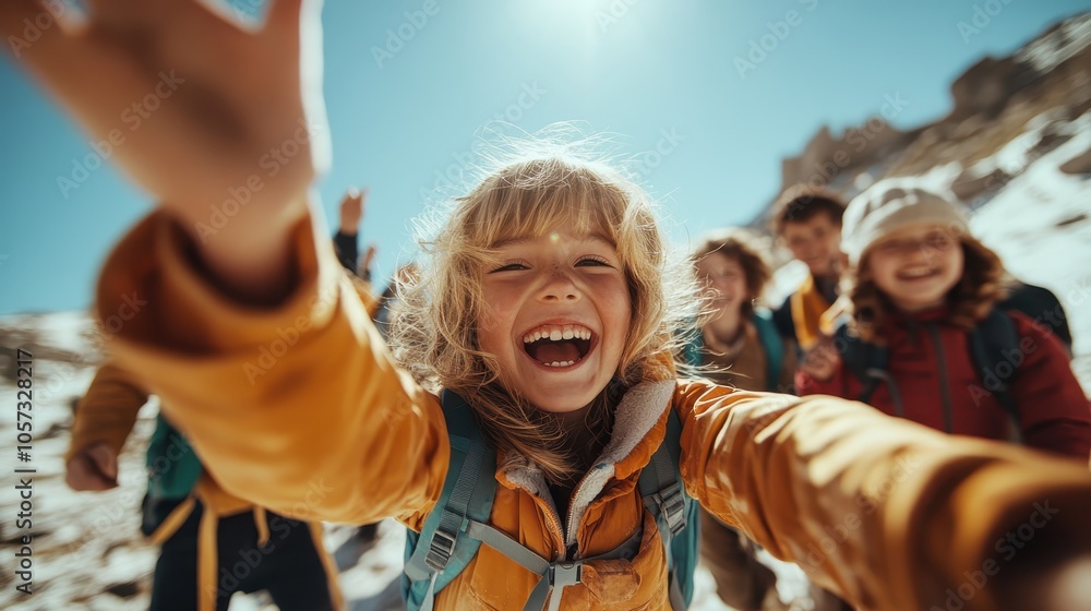 A group of children wearing backpacks laughs enthusiastically while hiking in a mountain area. The blue sky and snowy landscape create an inspiring outdoor scene. A group of children wearing backpacks laughs enthusiastically while hiking in a mountain area. The blue sky and snowy landscape create an inspiring outdoor scene.