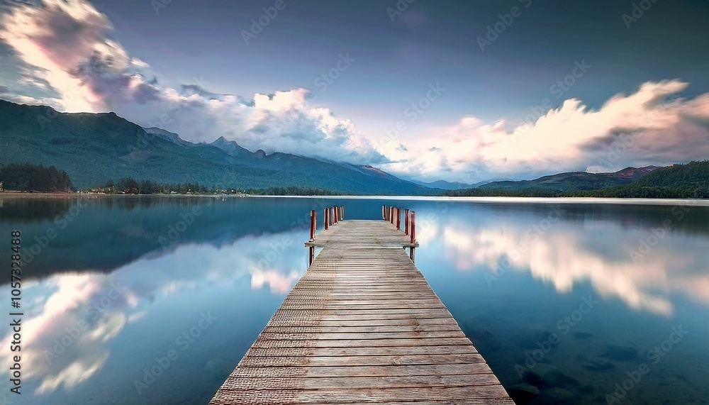 Fototapeta premium Un pequeño embarcadero de madera, en medio de un lago de aguas tranquilas 