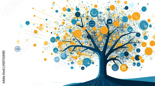 A stylized tree design with vibrant circles representing data, growth, and connectivity, showcasing a blend of blue and orange colors.