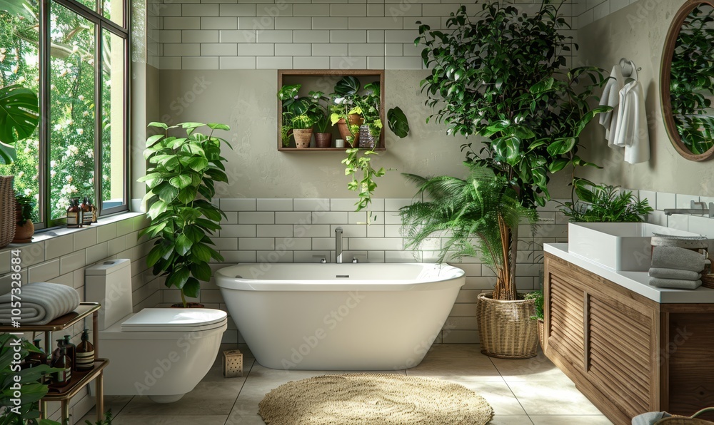 Bright and white bathroom with a variety of green plants of deep forest style Bright and white bathroom with a variety of green plants of deep forest style