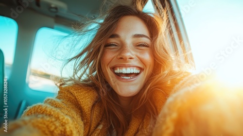 A joyful young woman with sun-kissed hair laughs wholeheartedly inside a car, nestled within a comfortably bright and airy environment filled with sunlight. photo