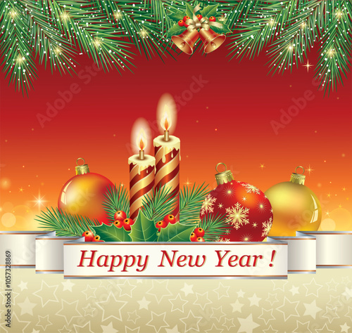 New Year background with Christmas tree balls and candles with fir branches and bells. Festive card decorated ribbon with text of congratulations. Holiday banner, web poster, greeting card, vector