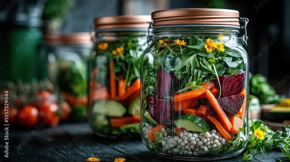 A vibrant, layered salad in a decorative glass jar showcases fresh vegetables like carrots and beets, symbolizing health and sustainability in dining choices. A vibrant, layered salad in a decorative glass jar showcases fresh vegetables like carrots and beets, symbolizing health and sustainability in dining choices.