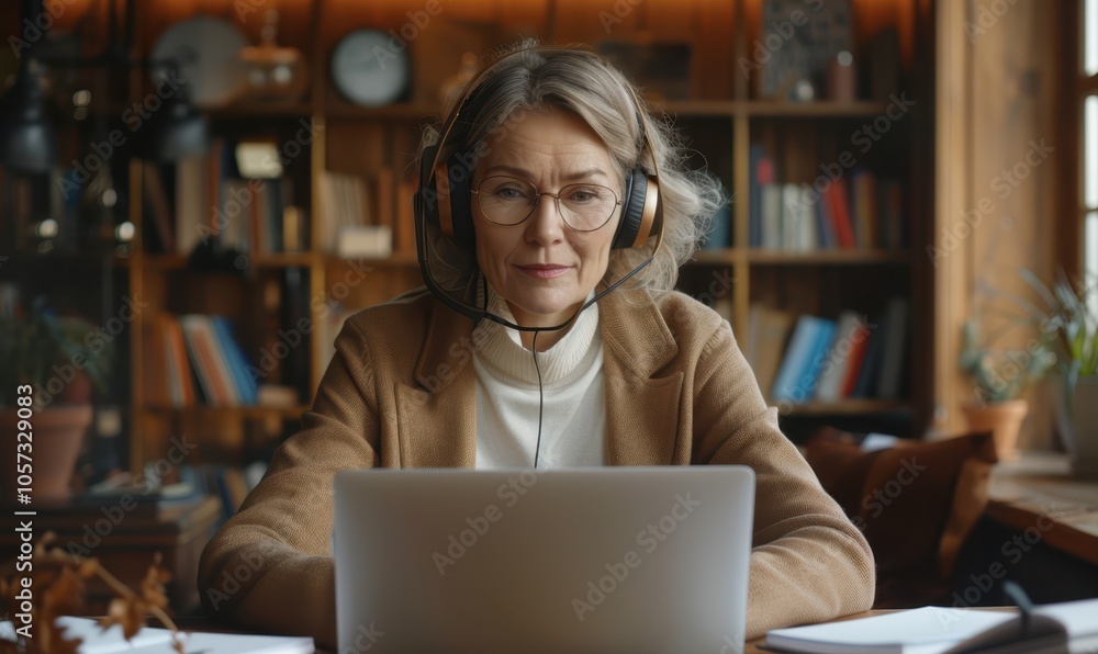Happy pretty mature woman in headphones sit at desk, take notes, watch webinar on laptop, enjoy web course or online training, study remotely from home office, talking on video call to business client Happy pretty mature woman in headphones sit at desk, take notes, watch webinar on laptop, enjoy web course or online training, study remotely from home office, talking on video call to business client