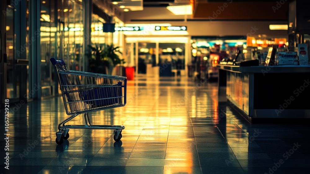 A shopping cart parked beside a checkout counter, A shopping cart parked beside a checkout counter,